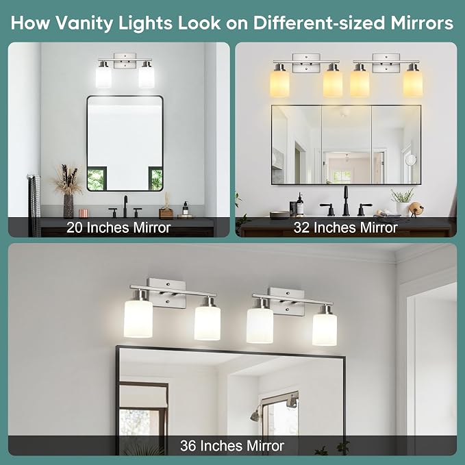 Ascher Bathroom Light Fixtures, 2-Light Vanity Light Over Mirror, Brushed Nickel Wall Sconces with Milky White Frosted Glass Shades, Wall Lamp for Living Room Bedroom, E26 Base(Bulbs Not Included)