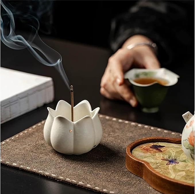 Hermit Life Incense Burner with 9 Holes Stick Holder, Lotus Bud or Tripod Ding Shape Design and Matte Ceramic Surface for Home Décor, Incense Stick Holder with Ash Catcher (White Lotus Bud)