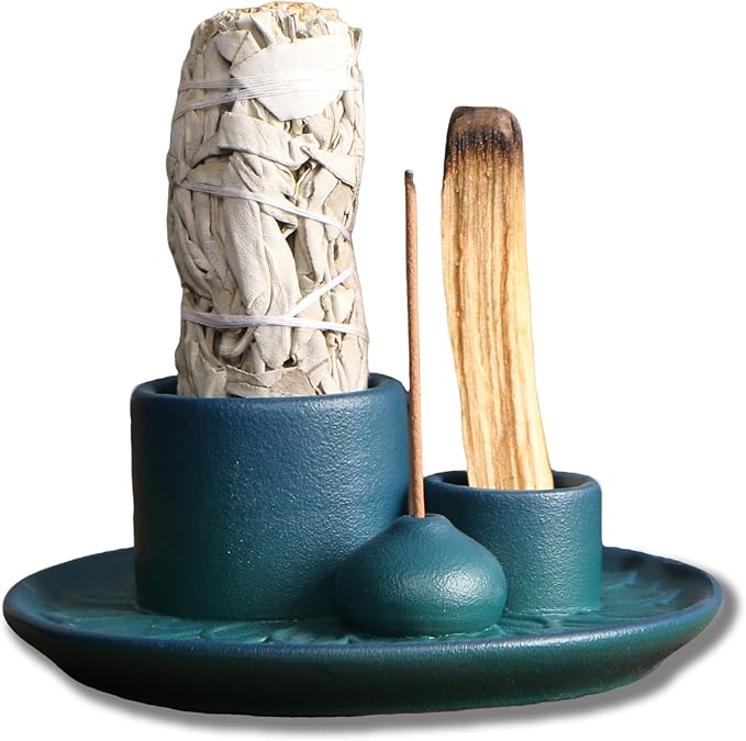 4 in 1 Ceramic Incense Burner, Sage Holder for Burning Bowl, Palo Santo Sticks Holder, Smudge Stick Ash Catcher Tray for Meditation Yoga Room (Blue)