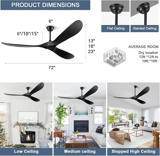 ABZ 72 Inch Ceiling Fans without Lights, Large Ceiling Fans no Lights with Remote Control, 3 Blade Solid Wood Indoor Black Outdoor Ceiling Fan for Patios Living Room Bedroom
