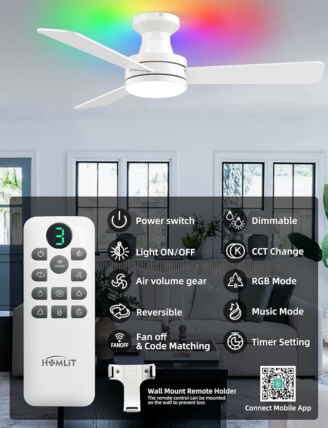 42 inch RGB Ceiling Fan with Light, Smart App & Remote Control Low Profile Flush Mount, Music Sync Lighting, 6-Speed Quiet Reversible DC Motor, 4CCT Dimmable for Home Office Party,White