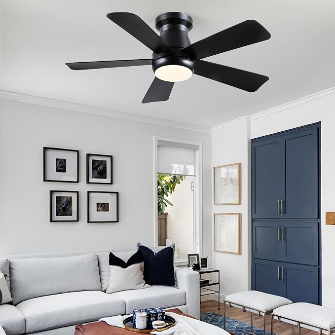 Hounberi 40 Inch Modern Low Profile Ceiling Fan with Light and Remote Control, Quiet 3CCT Dimmable LED Flush Mount Fan for Bedroom Living Room, 5 ABS Blades Reversible Motor, Black