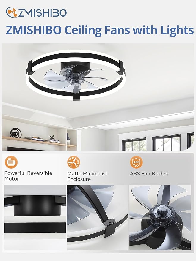 ZMISHIBO Ceiling Fans with Lights and Remote, 20 inch Low Profile Ceiling Fan with Light, 3000K-6000K Dimmable & 6 Wind Speeds, Modern Fandelier Flush Mount Ceiling Fan, Small LED Fan for Bedroom