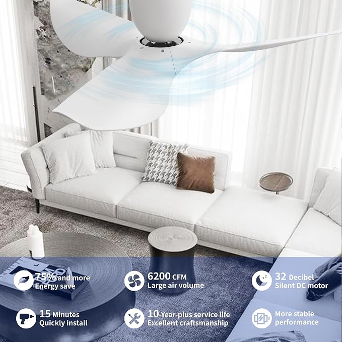 52" White Flush Mount Ceiling Fan with Remote, No Light | Modern Low-Profile, Heat Resistant ABS Blades, 6-Speed Reversible Quiet DC Motor for Balcony, Living Room, Bedroom