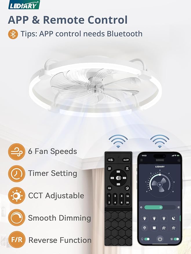 LEDIARY 2 Pack Ceiling Fans with Lights and Remote, 24'' Low Profile Ceiling Fan with Light, 3000-6000K Dimmable Fandelier LED Fan Light, 6 Wind Speeds, White Flush Mount Ceiling Fan for Bedroom