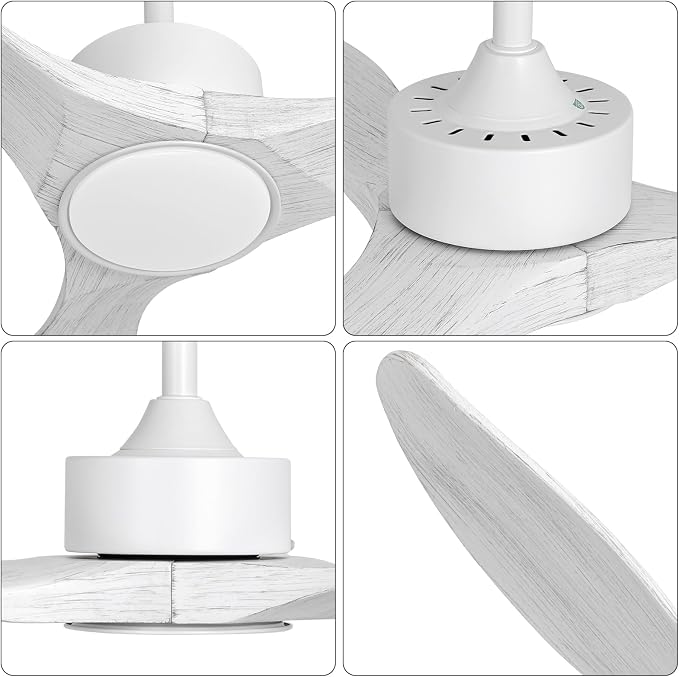 52 Inch White Ceiling Fan with Lights and Remote, Retro White Wood Low Profile Flush Mount Modern Ceiling Fan for Indoor Farmhouse Bedroom Living Room Outdoor Patio Porch, Reversible DC Motor