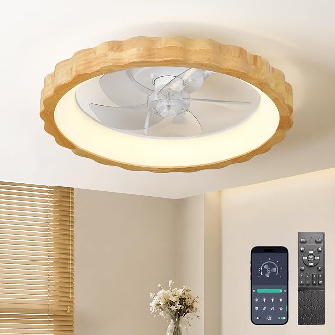 20 Inch Low Profile Ceiling Fan with Light, Flush Mount Small Fandelier with Remote Control, Modern Smart Dimmable Quiet LED Fan Light for Bedroom Living Room, Flower Patterned Natural Wood