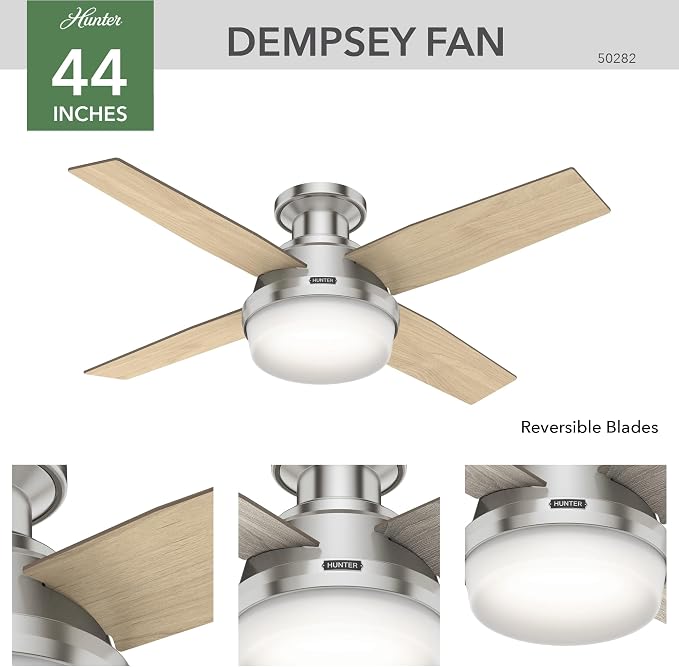 Hunter 44 inch Indoor Ceiling Fan with LED Light and Remote Control - Modern Ceiling Fan, Low Profile Mount, 4 Blades, For Bedroom, Living Room, or Kitchen, Quiet - Dempsey 50282, Brushed Nickel | with LED Light and Remote Control, Low Profile Mount, 4...