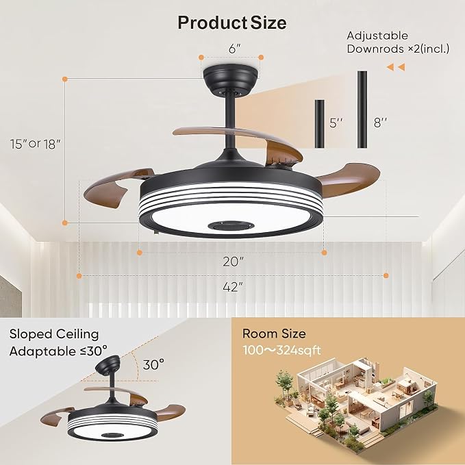 FIDGRA 48'' Retractable Ceiling Fan with Light, Bluetooth Modern Ceiling Fans with Speaker, RGB LED Lights, 6 Speeds, Reversible Motor for Bedroom, Living Room, Party-Black