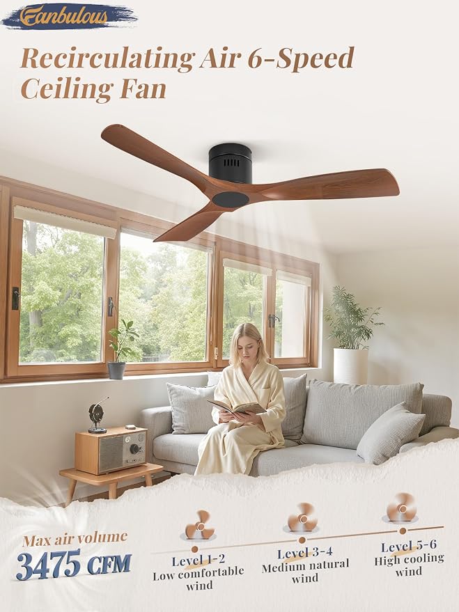 Fanbulous 52" Ceiling Fans Without Lights, Flush Mount Ceiling Fan with Remote Control Modern,Low Profile Ceiling Fans with 6-Speeds Reversible DC Motor for Patio Living Room Bedroom(Walnut)