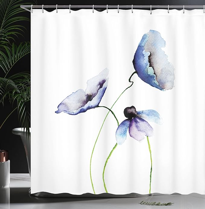 Ambesonne Watercolor Flower Shower Curtain, Abstract Poppies Blossoms Simple Composition Picture, Cloth Fabric Bathroom Decor Set with Hooks, 69" W x 70" L, Blue and Green