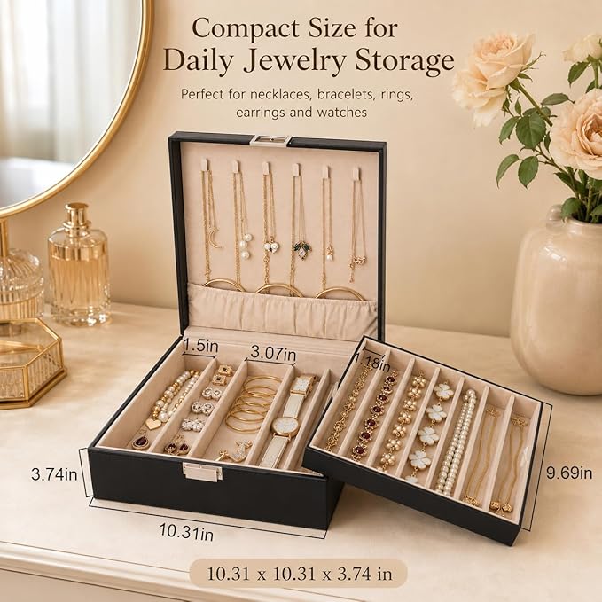 BEWISHOME Jewelry Box for Women, 2 Layer Jewelry Organizer Storage Case with Necklace Holder, Leather Jewelry Organizer Box for Earrings Rings Bracelets, Large Jewelry Storage Box (Black SSH31B)