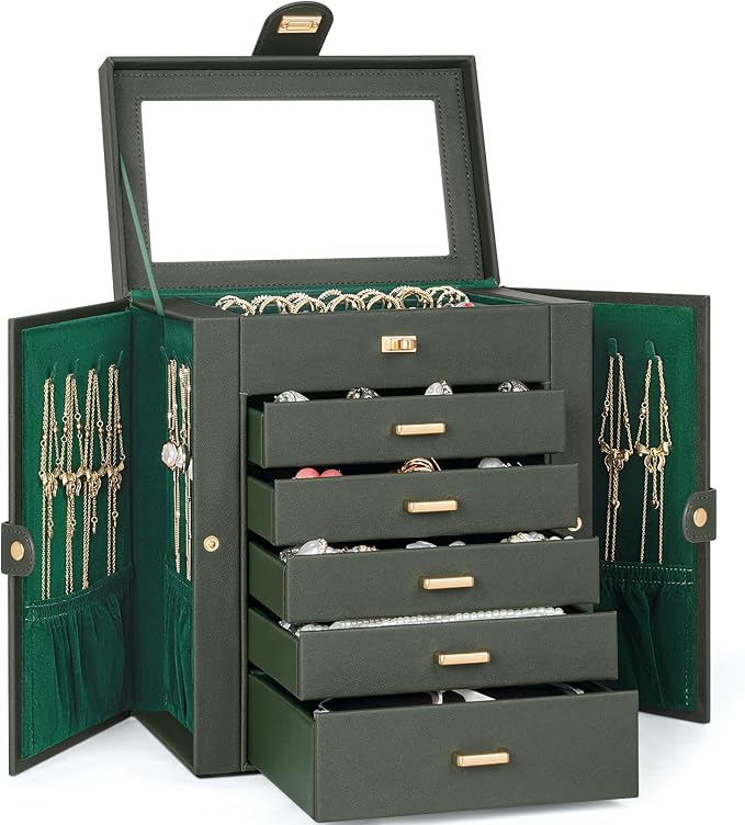 AKOZLIN 6-Tier Jewelry Box Organizer Functional 5 Drawers Leather Jewelry Storage Case for Women Girls Ring Necklace Earring Bracelet Holder Organizer with Mirror Medium Dark Green