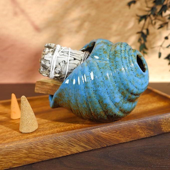 MOUGIGI Blue Conch Chiminea Palo Santo Burner - Ceramic Smudging Bowl、Incense Chimney,Works with Sage、Incense Cones,Energy Cleansing-Thoughtful Gifts for Meditation, Altar,Spa,Yoga, Aromatherapy