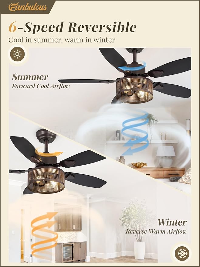 Fanbulous Farmhouse Oil Bronze Ceiling Fans with Lights and Remote, 42 Inch Bedroom Caged Ceiling Fans for Living Room Kitchen，6 Speed Reversible Quiet DC Motor, Dual Finish 5 Blades