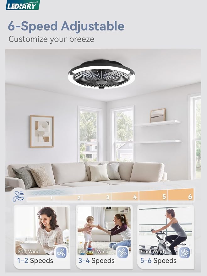 LEDIARY 20" Bladeless Ceiling Fan with Light,Low Profile LED Ceiling Fans with Remote & Smart APP Control, Modern Enclosed Flush Mount Fandelier, 3000-6000K,Bedroom,Kids Room-Black RGB