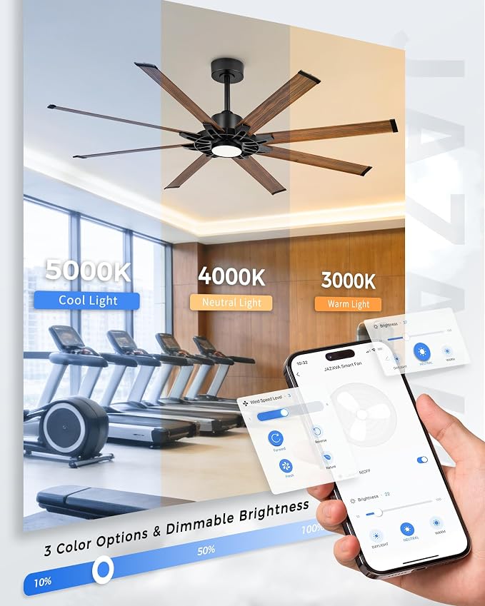 72 Inch Ceiling Fan with Light, Industrial Ceiling Fan with 8 Aluminium Metal Blades, Smart Fan Compatible with Alexa, Garage Indoor Fan For Living Room and Patio, ZCCF05AWD-72