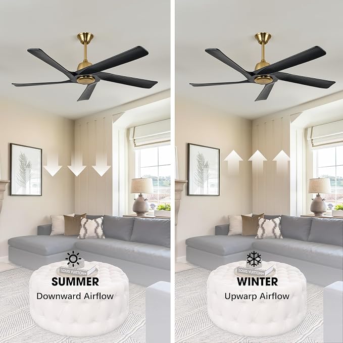 60" Black and Gold Ceiling Fan No Lights, Remote and APP Control, 6-speed Reversible, Quiet DC Motor, Wood Ceiling Fans for Bedroom, Living Room, Office, Outdoor Patio