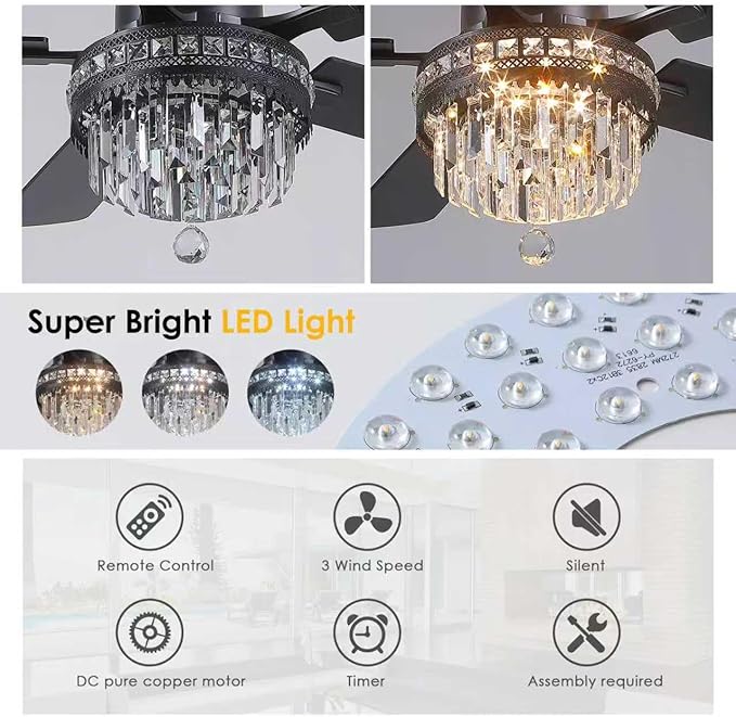 52" Chandelier Crystal Ceiling Fans with Lights and Remote/APP Control | Supports Remote and APP,Reversible 6 Wind Speeds,30W Quiet DC Motor,6 Wood Blades,Dimmable 30W LED,Suits for Bedroom Kitchen