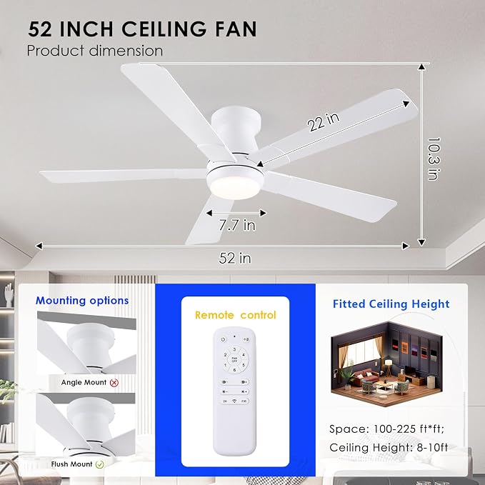 Hounberi 52" Flush Mount Ceiling Fan with Lights and Remote, Modern Black Low Profile Ceiling Fan, Quiet Reversible DC Motor, 3CCT Dimmable LED, Ideal for Bedroom, Kitchen and Low Ceilings, White