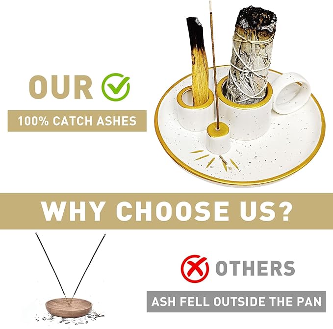 Multi-Purpose Ceramic Incense Burner and Holder Set with Handle, with Ash Catcher Tray and Candle Holder for Meditation and Yoga Room (Gold)