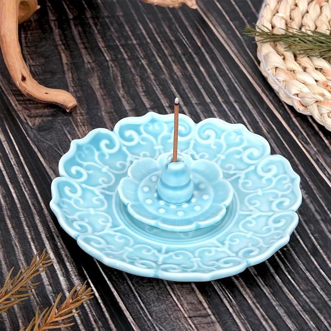 Incense Burner Lotus Incense Stick Holder Incense Holder for Sticks Ceramics Incense Burner Tray for Home Decor Yoga Meditation (Blue)