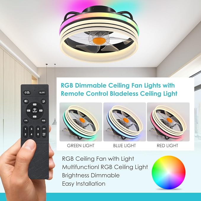 Mpayel RGB Ceiling Fans with Lights and Remote, 13" Low Profile Ceiling Fan | RGB, 6 Speeds, Dimmable, Reversible DC Motor, Modern Enclosed Flush Mount Ceiling Fan for Bedroom Kids Room