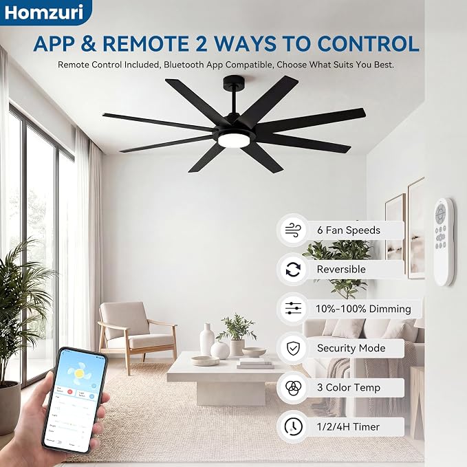 72 Inch Ceiling Fans with Lights, Large Ceiling fan with Light and Remote/APP Control, 3CCT, Dimmable, Noiseless DC Reversible Motor, 8 Blades Black Ceiling Fan for Bedroom Living Room Outdoor