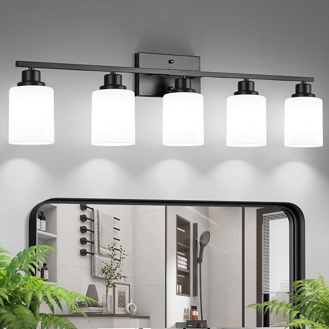 Ascher Bathroom Light Fixtures, 5-Light Vanity Light Over Mirror, Matte Black Wall Sconces with Milky White Frosted Glass Shades, Wall Lamp for Living Room Bedroom, E26 Base(Bulbs Not Included)