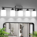 Ascher Bathroom Light Fixtures, 5-Light Vanity Light Over Mirror, Matte Black Wall Sconces with Milky White Frosted Glass Shades, Wall Lamp for Living Room Bedroom, E26 Base(Bulbs Not Included)