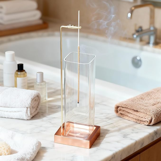 Incense Holder, Metal Incense Holder for Sticks with Glass Ash Catcher, Anti-Ash Incense Burner for Meditation Yoga Spa Room Décor (Rose Gold)