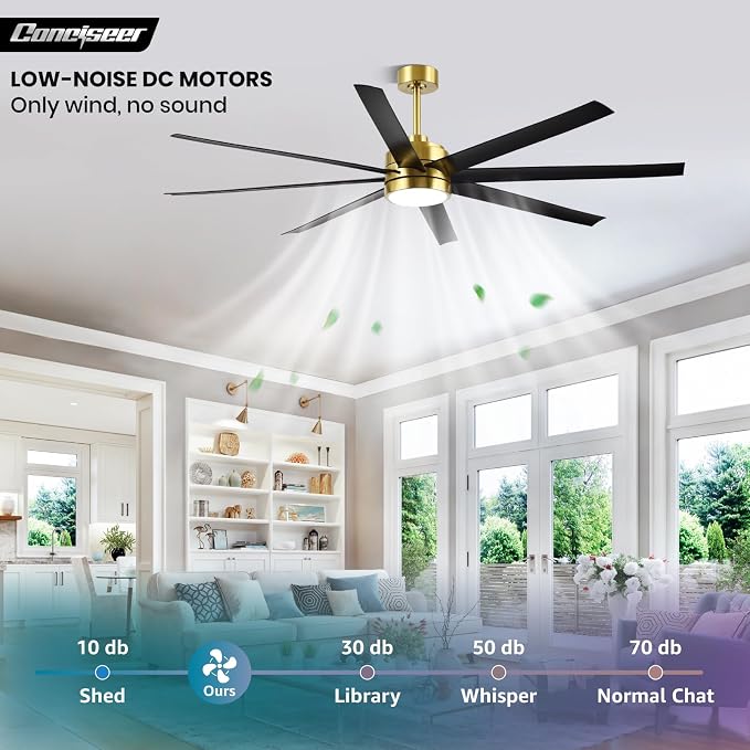 Conciseer 72 Inch Ceiling Fans with Lights and Remote for Living Room Kitchen Library Cafe Outdoor/Industrial Use, 3CCT Dimmable, Dual Color 8 Blades 6 Speed Reversible Quiet DC Motor, Gold/Black