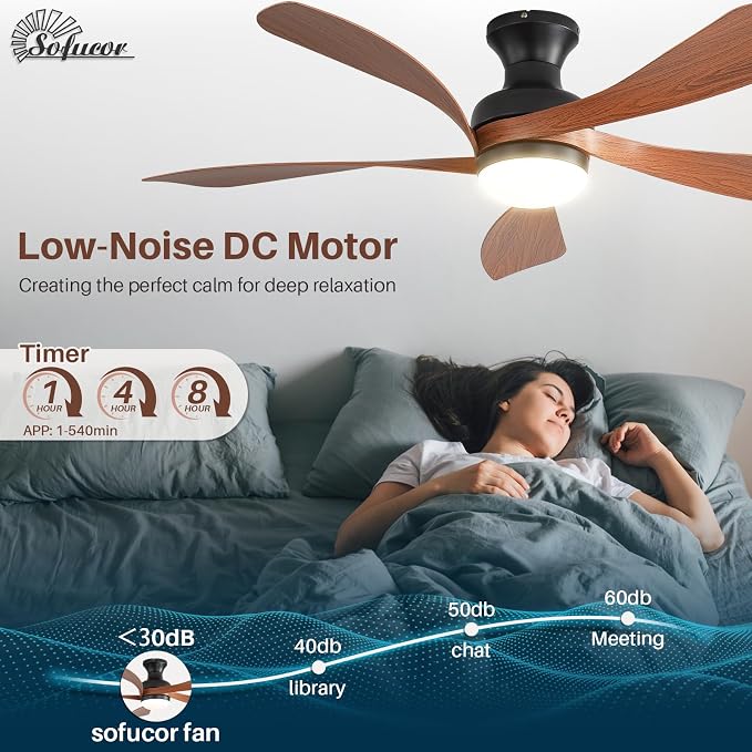 Sofucor Smart 52'' Low Profile Ceiling Fan with Lights and Remote, Flush Mount Ceiling Fan Work with APP/Alexa/Google for Farmhouse Bedroom Living Room Patio, Dimmable LED Quiet Reversible DC Motor