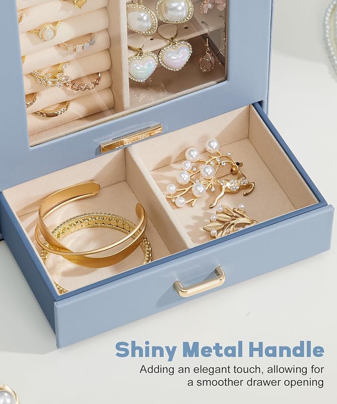 Homde Display Jewelry Box for Girls: Starter Organizer with Clear Window | Vertical Drawers for Earrings Rings Necklaces - Compact Footprint Fits Small Vanities - Birthday&Graduation Gift for Teens