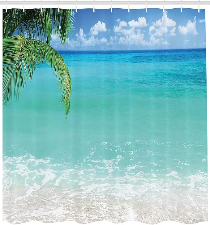 Ambesonne Ocean Shower Curtain, Exotic Lebanon Beach Panoramic Sea View Clean Water and Blue Sky Picture, Cloth Fabric Bathroom Decor Set with Hooks, 69" W x 75" L, Turquoise White