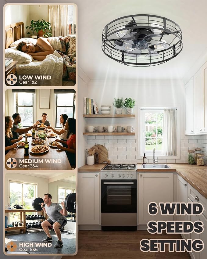 23 Inch Farmhouse Caged Ceiling Fan with Light, Remote Control Flush Mount Fan Lights Ceiling Fixtures, 6 Speeds Reversible Motor Bladeless Indooor Lights for Kitchen, Living Room, Bedroom, Black