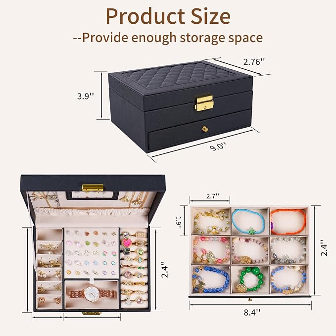 coobest Jewelry Box, 2 Layer Jewelry Organizer with Velvet Earring Organizer, Jewelry Holder Organizer Travel, White Jewelry Boxes for Women, Jewelry Boxes & Organizers for Girls, Black