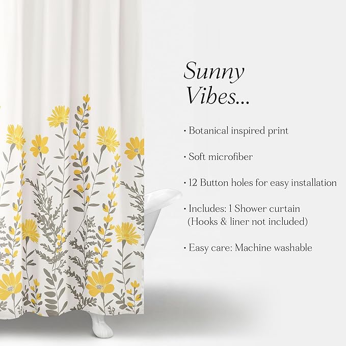 Lush Decor Aprile Floral Shower Curtain Single 72" W x 72" L, Yellow & Gray - Floral Shower Curtains - Bathroom Décor - Cottage Shower Curtain
