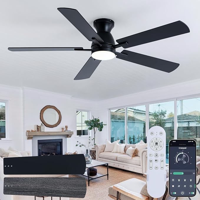 Coolwind 52in 5 Blade Black Flush Mount Dimmable Ceiling Fan | APP and Remote Control, Low Profile Bedroom Ceiling Fan with 6 Speeds & 3CCT, Quiet DC Motor for Indoor/Outdoor Use