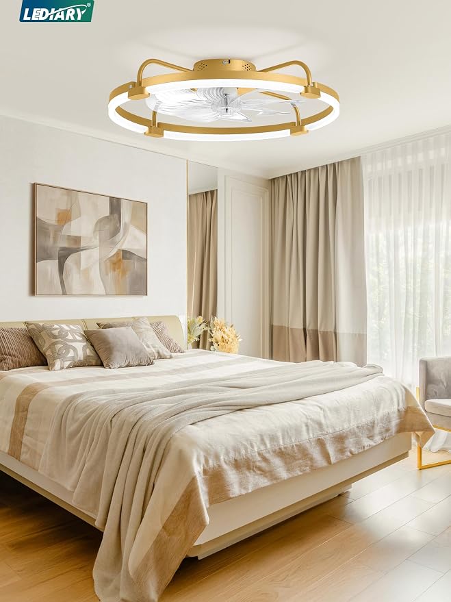 LEDIARY Ceiling Fans with Lights and Remote, 24'' Low Profile Ceiling Fan with Light, 3000-6000K Dimmable Fandelier LED Fan Light, 6 Wind Speeds, Gold Modern Flush Mount Ceiling Fan for Bedroom