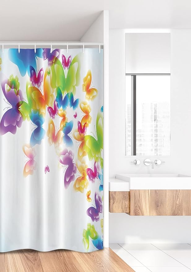 Ambesonne Butterfly Stall Shower Curtain, Group of Butterflies Band in Radiant Rainbow Colors Hope Summer Garden Art Print, Fabric Bathroom Decor Set with Hooks, 36" W x 72" L, Green Yellow