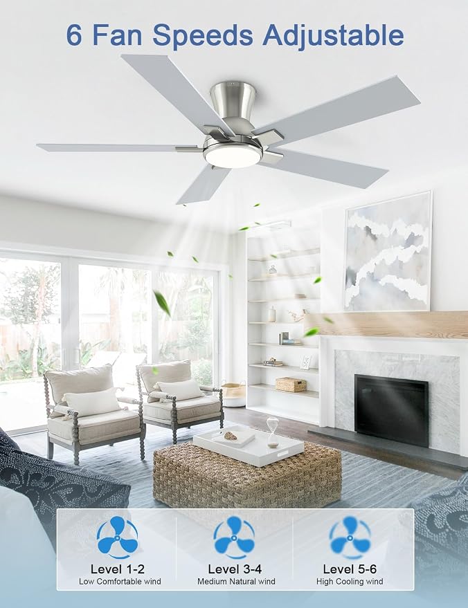 52 Inch Ceiling Fans with Lights and Remote, Brushed Nickel Flush Mount Low Profile Ceiling Fan for Bedroom, Patio, Reversible DC Motor, 6-Speed Quiet LED Dimmable, ETL Listed