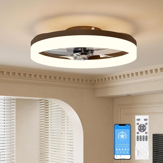VOLISUN Low Profile Ceiling Fans with Lights and Remote, 19.7in Fandelier Ceiling Fan with Light, 3000K-6500K Dimmable Bladeless LED Fan Light, Brown Flush Mount Ceiling Fans with Lights for Bedroom