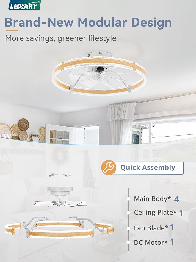 LEDIARY Ceiling Fans with Lights and Remote, 24'' Low Profile Ceiling Fan with Light, 3000-6000K Dimmable Fandelier Ceiling Fans, Modern Flush Mount Fan for Bedroom with 6 Wind Speeds- Wood Grain