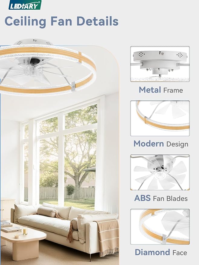 LEDIARY Ceiling Fans with Lights and Remote, 24'' Low Profile Ceiling Fan with Light, 3000-6000K Dimmable Fandelier Ceiling Fans, Modern Flush Mount Fan for Bedroom with 6 Wind Speeds- Wood Grain