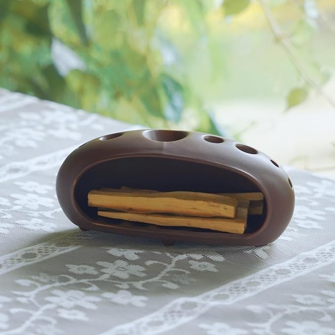 3 in 1 Palo Santo Holder for Sage Bundles Cone Incense, Handcrafted Ceramic Incense Burner Holder Ash Catcher with Chimney, Smudge Bowl for Yoga Meditation Home Decor (Multi - Porous Red)