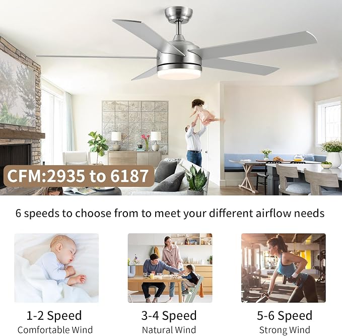 YUHAO 60 Inch Brushed Nickel Ceiling Fan with Light and Remote Control.Noiseless,Dimmable,3CCT,6 Speeds Reversible, DC Ceiling Fans for Indoor or Covered Outdoor Use.ETL Listed