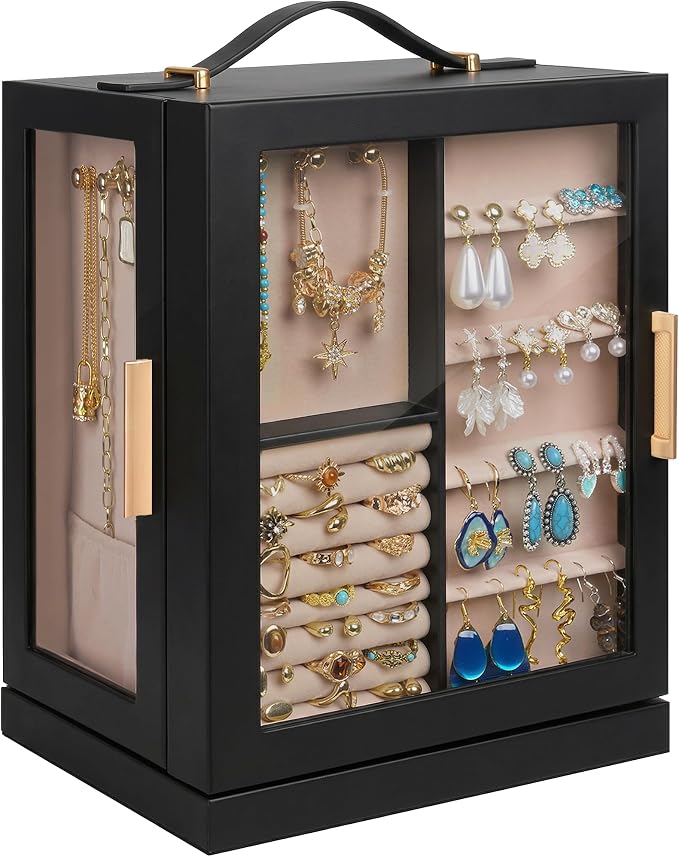 360° Rotating 5‑Drawers Jewelry Box with Top Handle & Glass Window, Spacious Vertical Jewelry Organizer, Jewelry Storage Case, Dustproof & Moisture‑resistant Design, Black