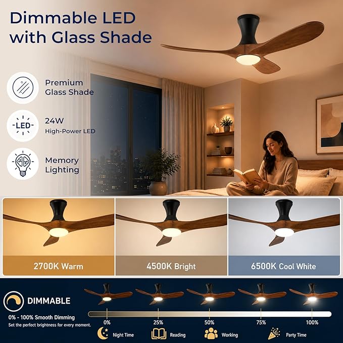 52 inch Smart Flush Mount Ceiling Fans with Lights, Low Profile Ceiling Fan with WIFI Alexa and App Remote Control, Quiet DC Motor, 3 Blades Wood Modern fan for Indoor Outdoor Bedroom Patio, Walnut