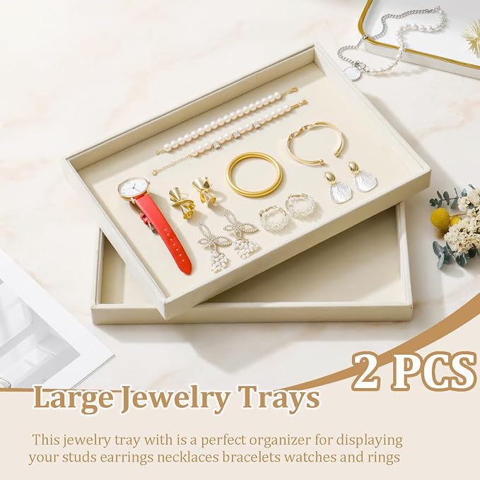 Large Velvet Jewelry Tray 2 Pack Stackable Jewelry Display Drawer Inserts Trays Organizer for Earring Bracelet Necklace Ring (Beige, 1 Grid)